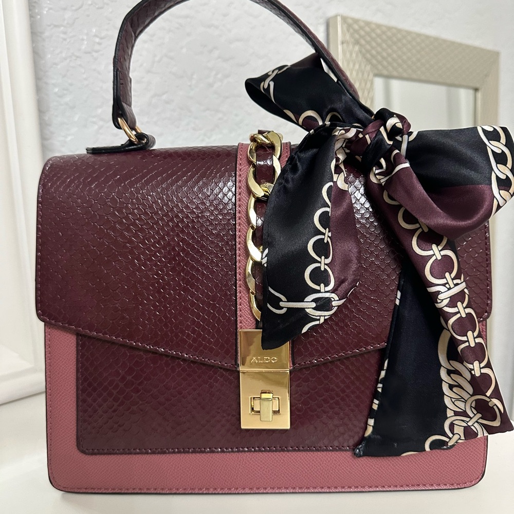 Aldo Cailla Maroon Snake Print Top Handle Satchel Bag